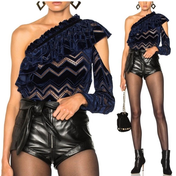 Self-Portrait Zig Zag Embroidered Velvet Top US 4 Navy One Shoulder Ruffle - Picture 3 of 8